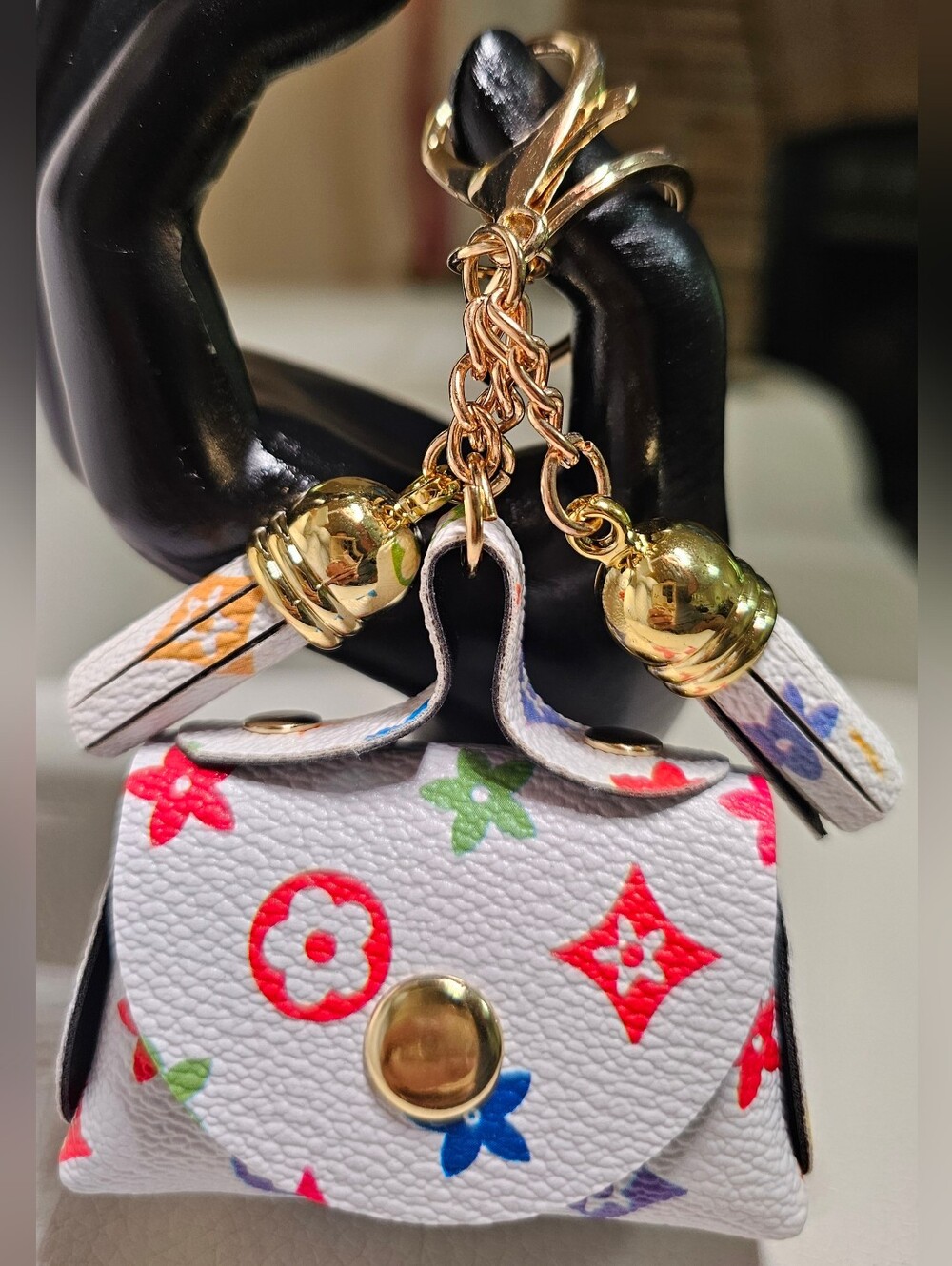 Designer-Inspired White Multicolor Monogram Mini Bag Charm Keychain